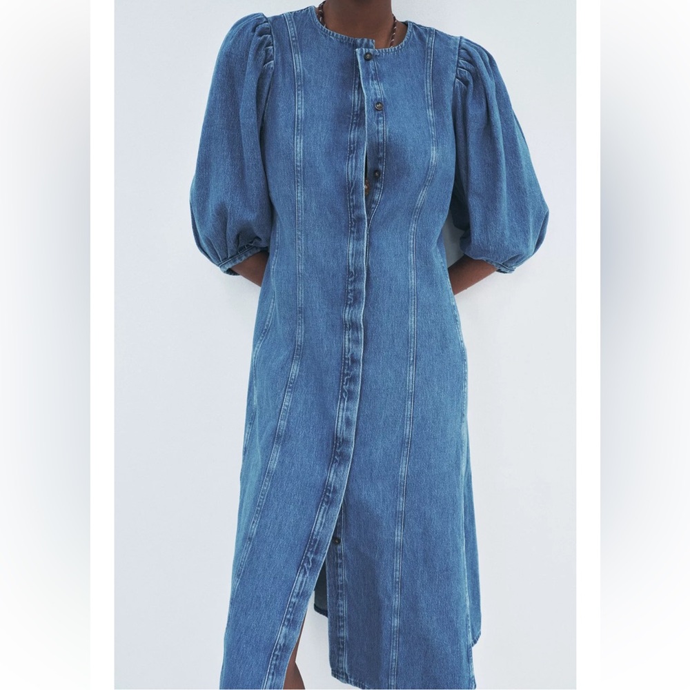 NWT Zara Blue Denim Midi Dress with Balloon Sleeves - Picture 6 of 12